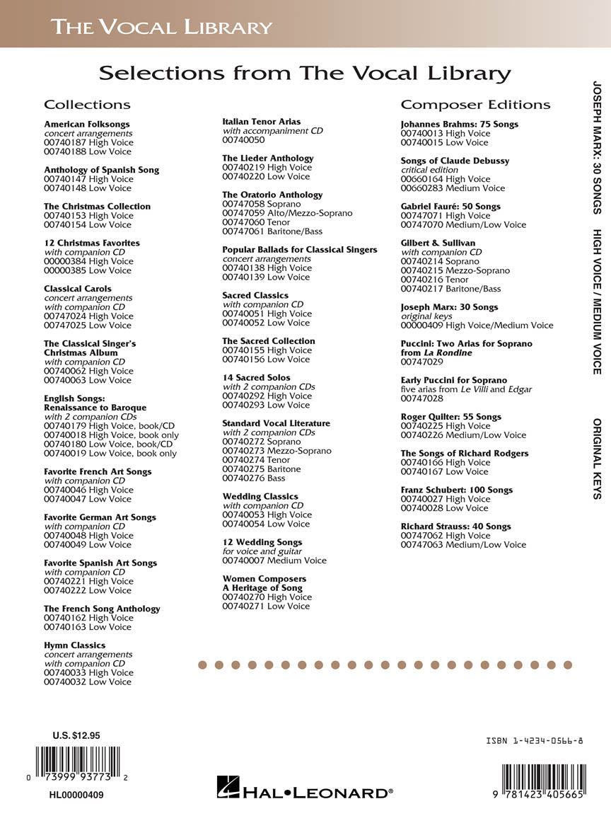 Marx - 30 Songs Original Keys for High Voice/Medium Voice