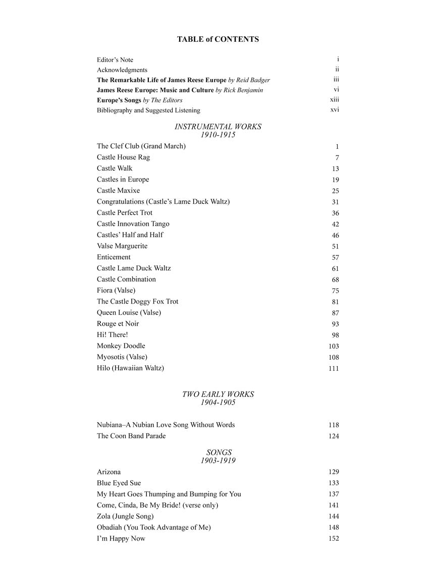 Europe, James Reese - Music Of - Solo Piano & Voice and Piano