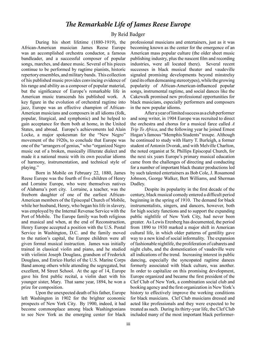 Europe, James Reese - Music Of - Solo Piano & Voice and Piano