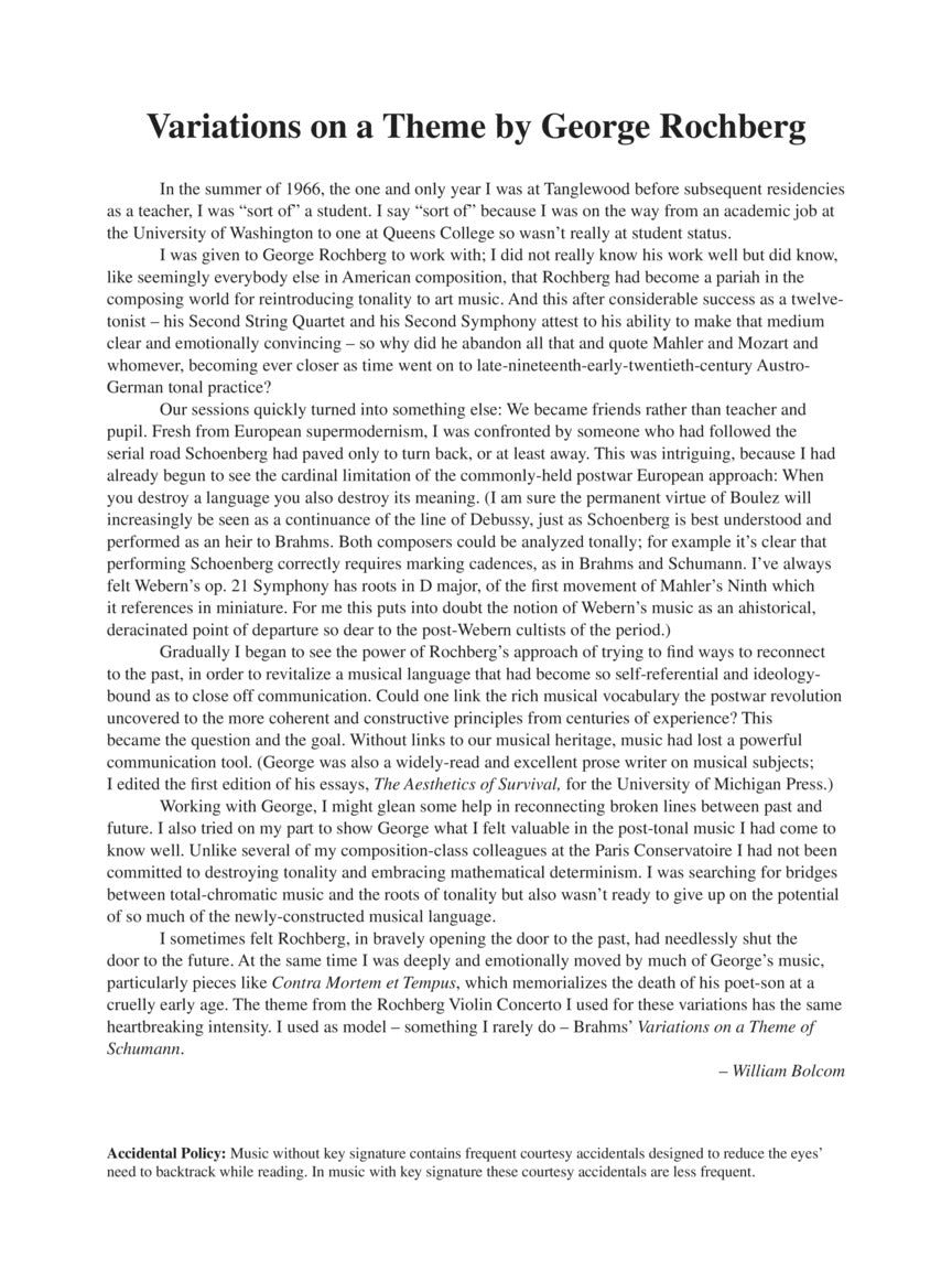 Bolcom Variations On A Theme by George Rochberg - Piano