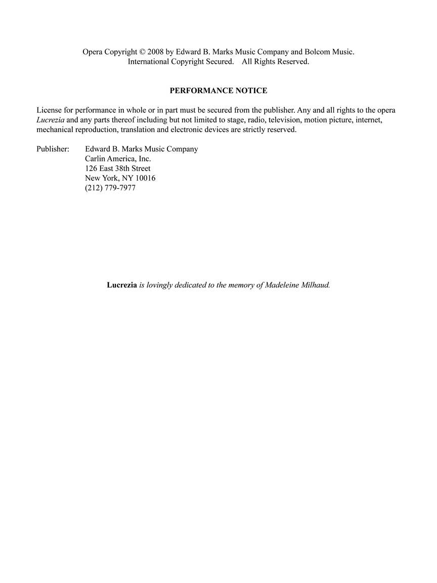 Bolcom Lucrezia Vocal Score
