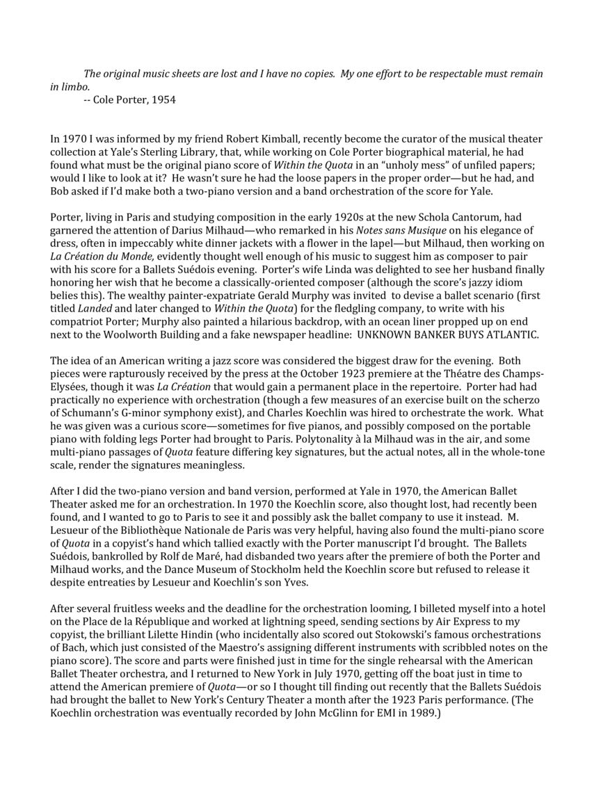 Porter Within the Quota (Ballet Suite) - 2 Pianos/4 Hands - Transcribed by Bolcom and Bennett