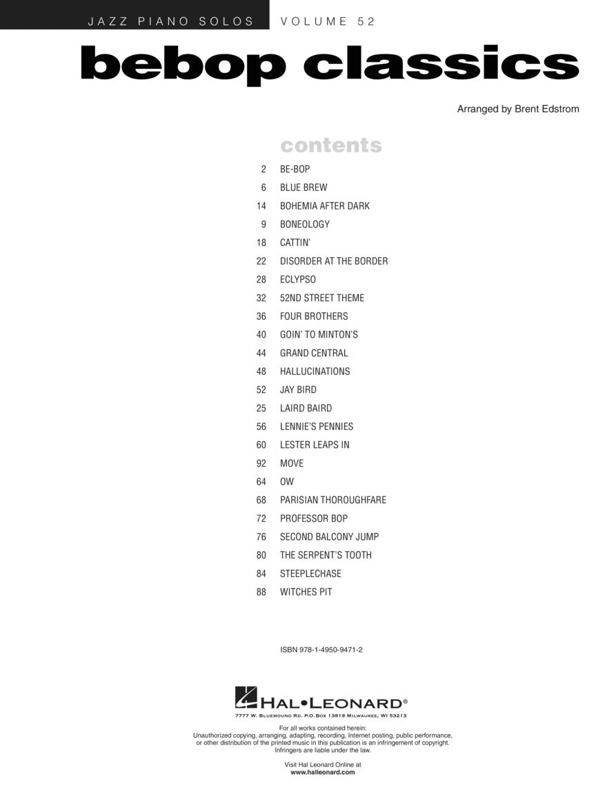 Bebop Classics - Jazz Piano Solos, Vol. 52