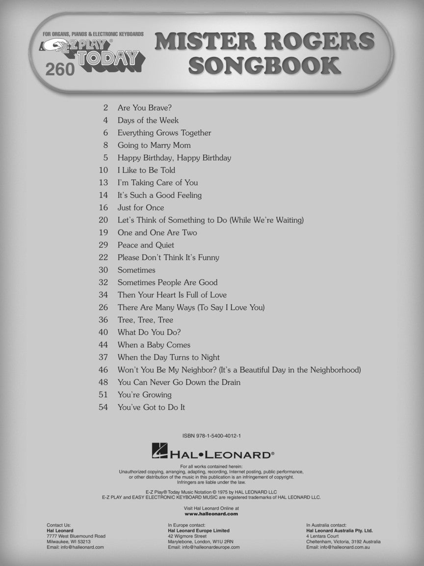 Mister Rogers Songbook - E-Z Play Today Vol. 260