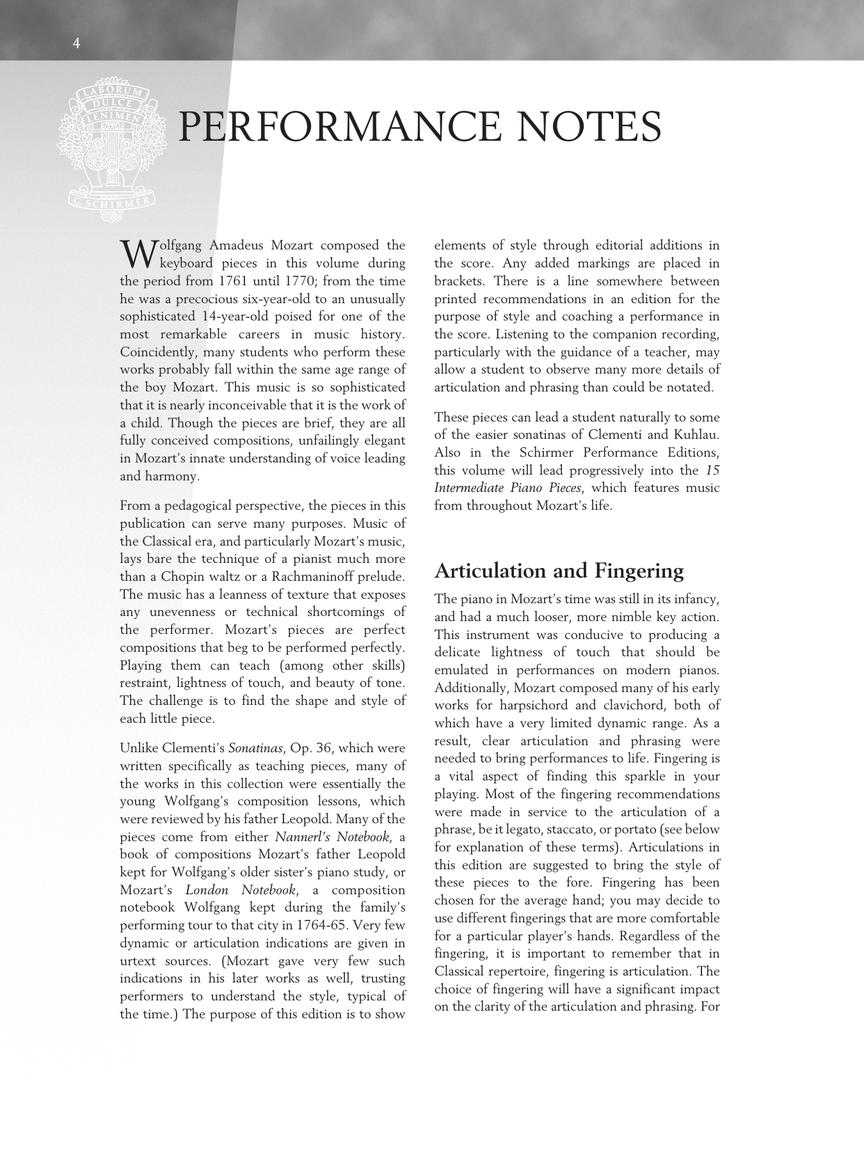 Mozart 15 Easy Piano Pieces - Schirmer Performance Editions