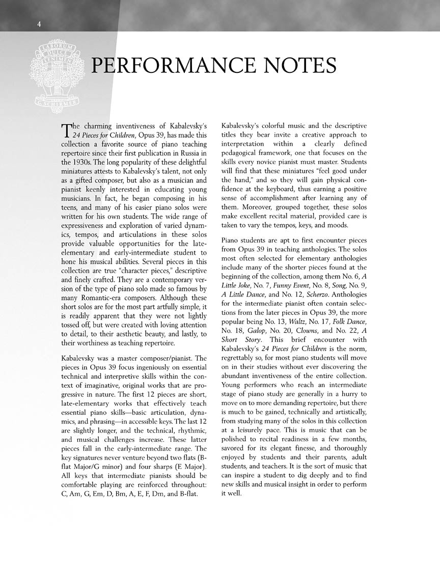 Kabalevsky -24 Pieces for Children, Opus 39 - Schirmer Performance Editions