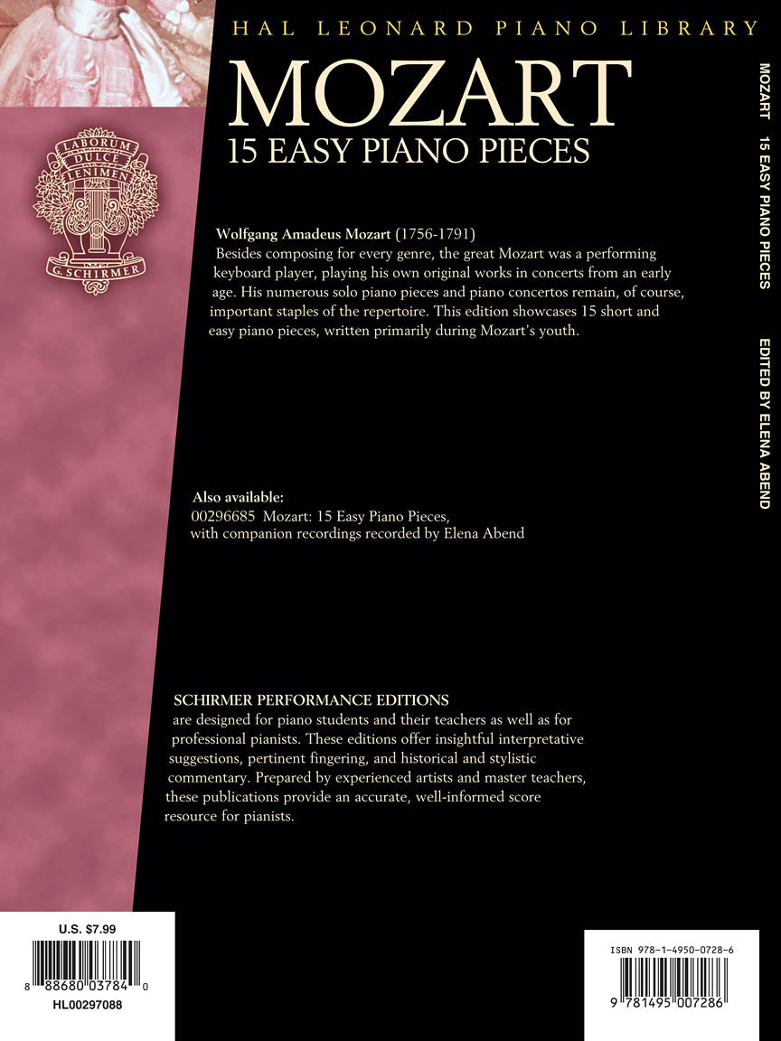 Mozart - 15 Easy Piano Pieces - Schirmer Performance Editions - Book Only