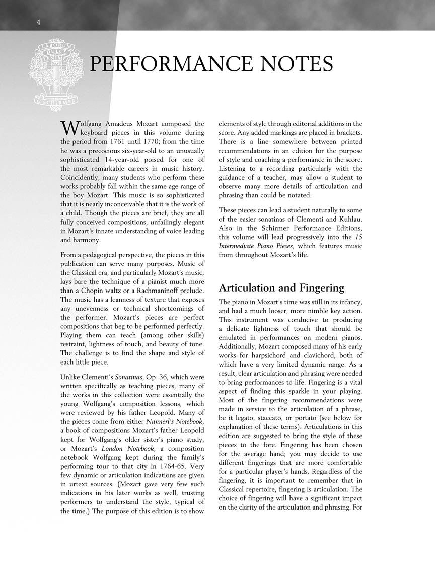 Mozart - 15 Easy Piano Pieces - Schirmer Performance Editions - Book Only