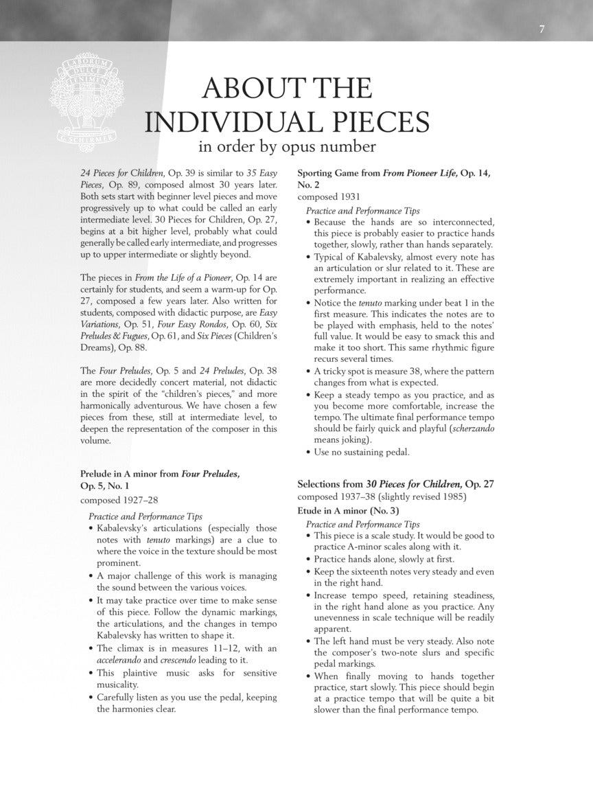 Kabalevsky - Selected Piano Pieces - Schirmer Performance Editions