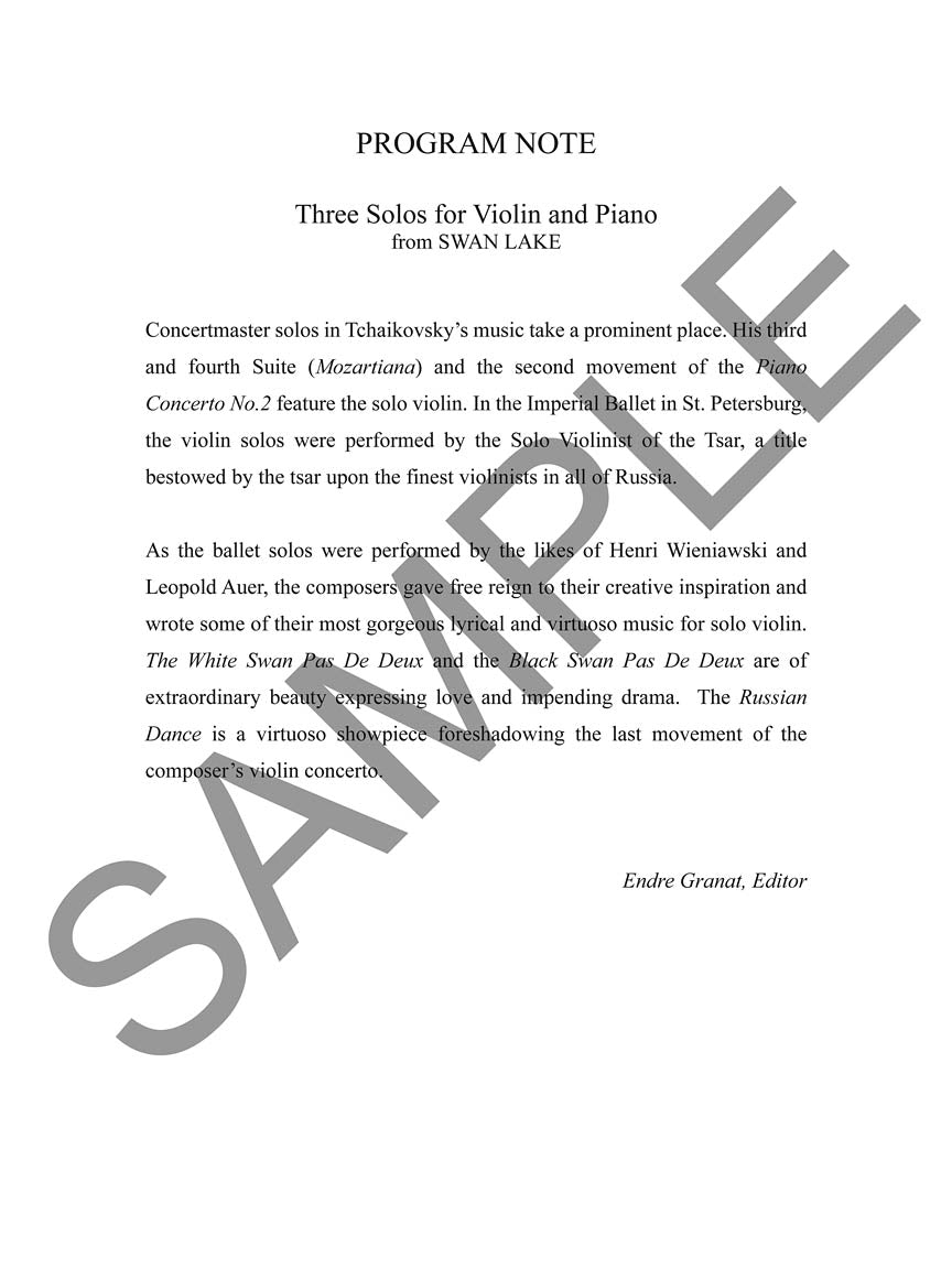 Tchaikovsky Swan Lake: Three Solos from the Ballet for Violin and Piano