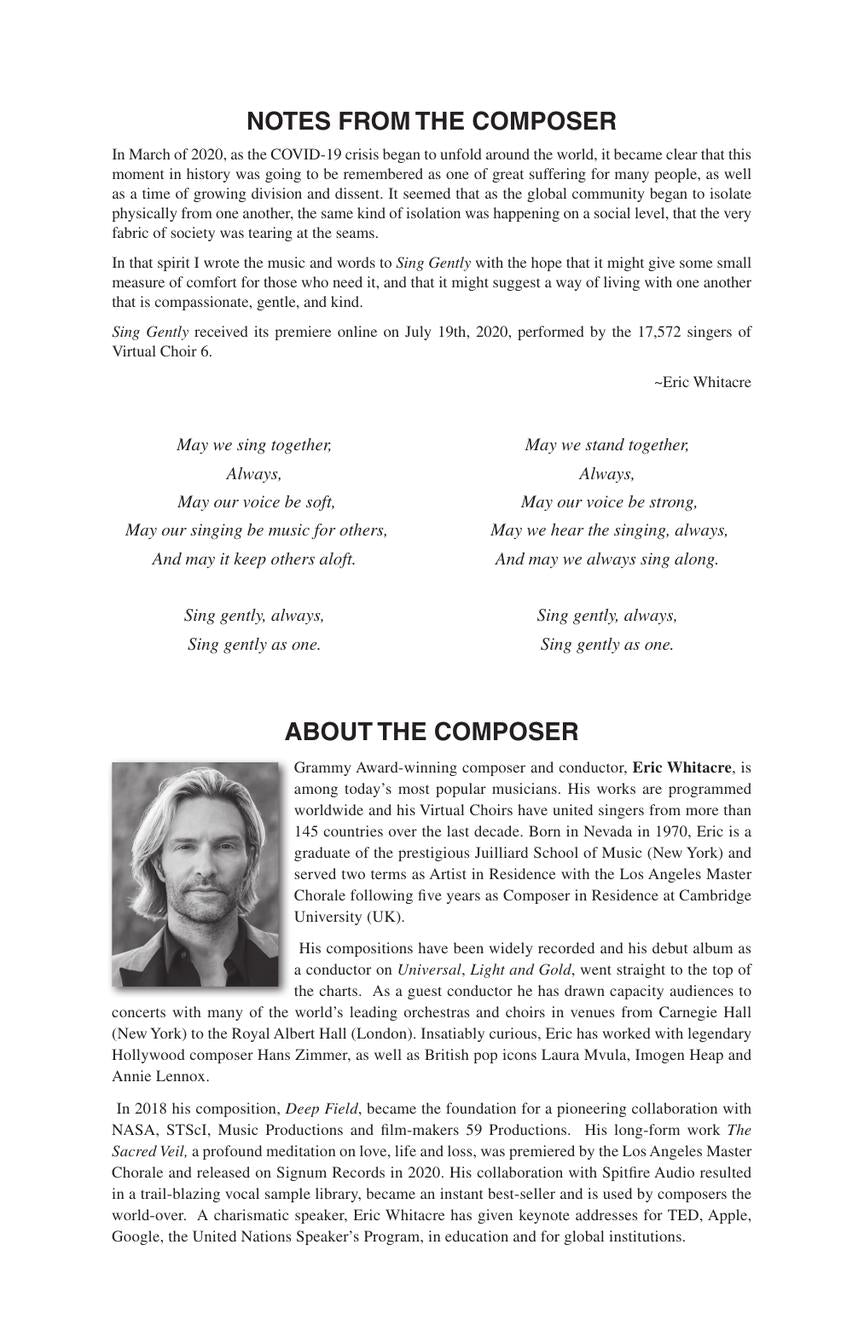 Whitacre Sing Gently SATB