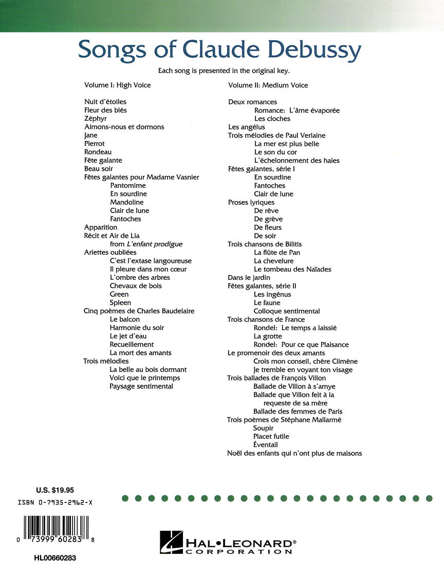 Debussy, Songs Of - Volume II Medium Voice