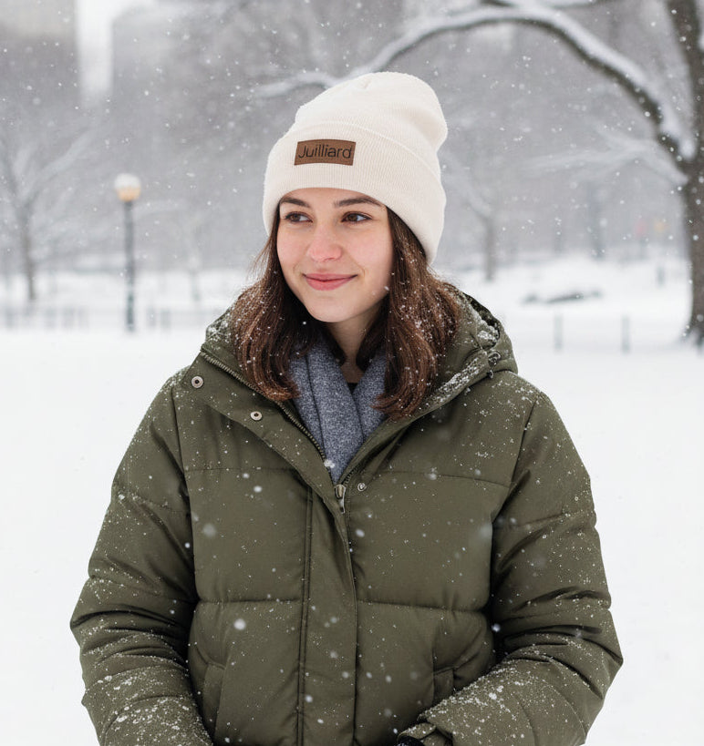 Clearance: Beanie: Cream Juilliard cuff beanie with leather patch (cream)