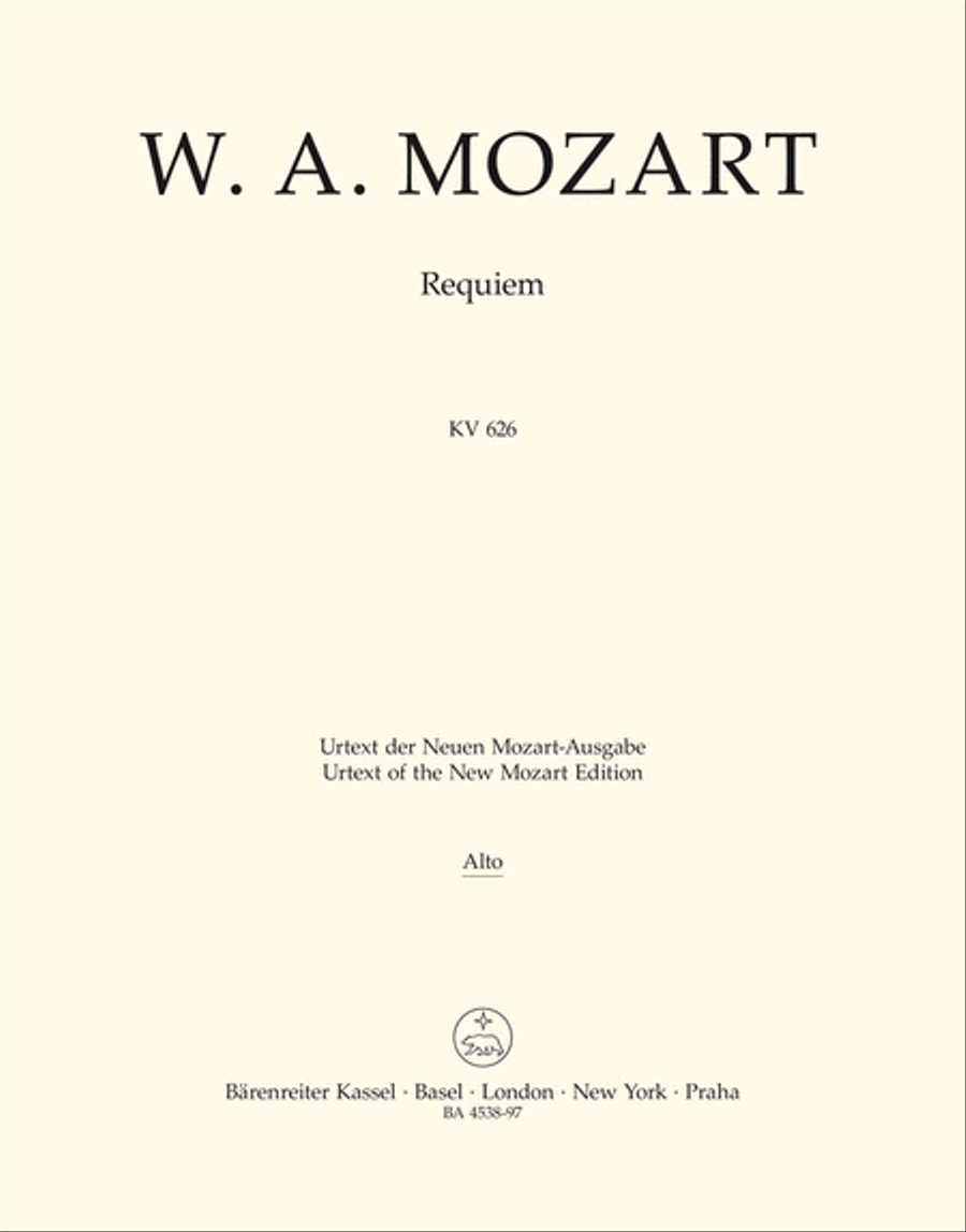 Mozart: Requiem K. 626 Alto (Choral voice) Part, Urtext edition