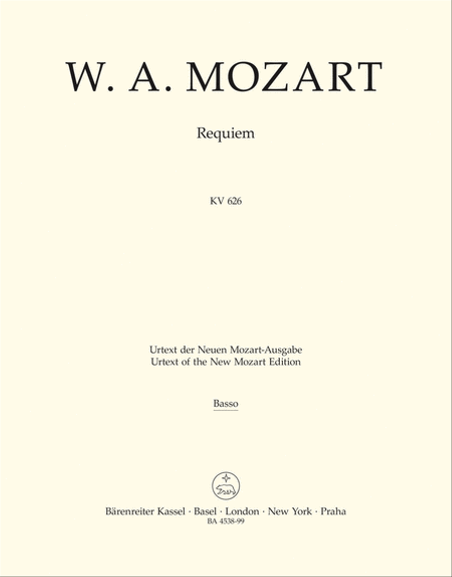 Mozart: Requiem K. 626 Bass (Choral voice) Part, Urtext edition