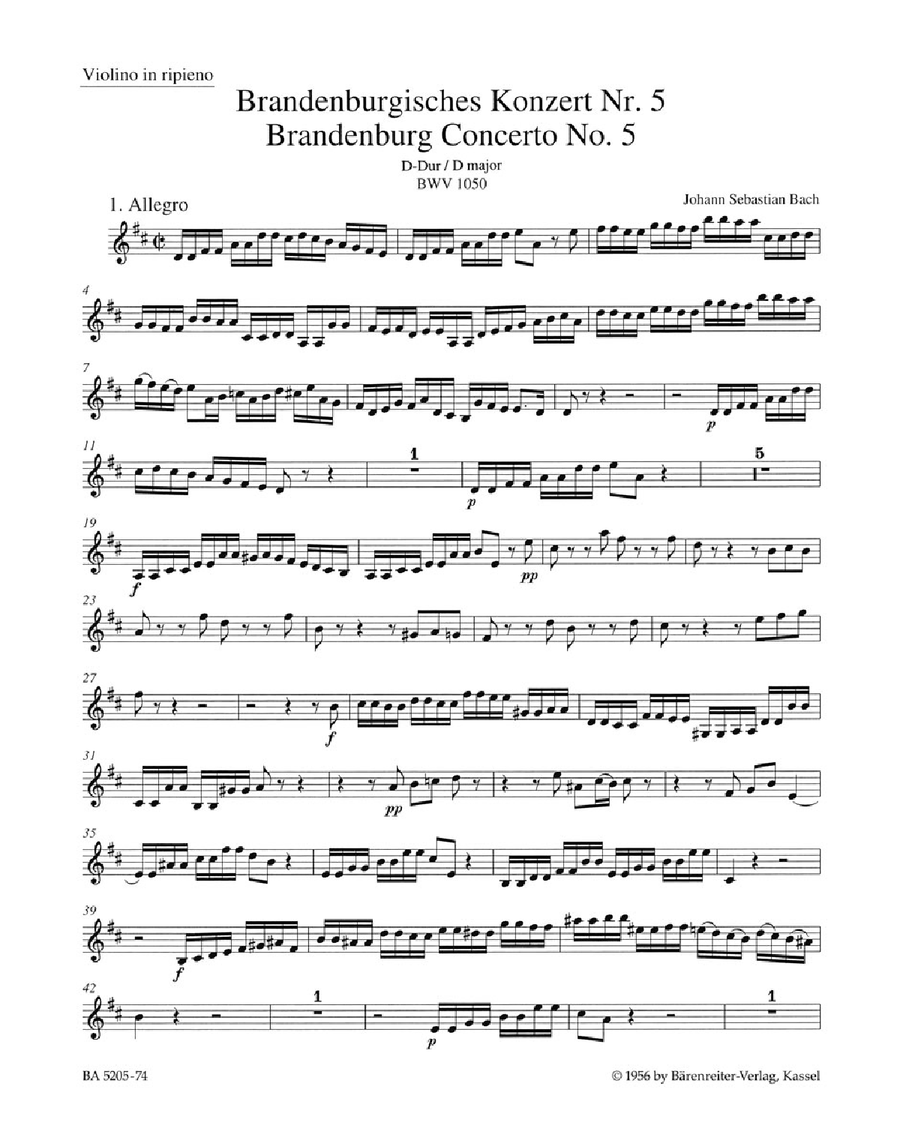 Bach: Violin Part Brandenburg Concerto No. 5 BWV 1050 and Concerto No. 5