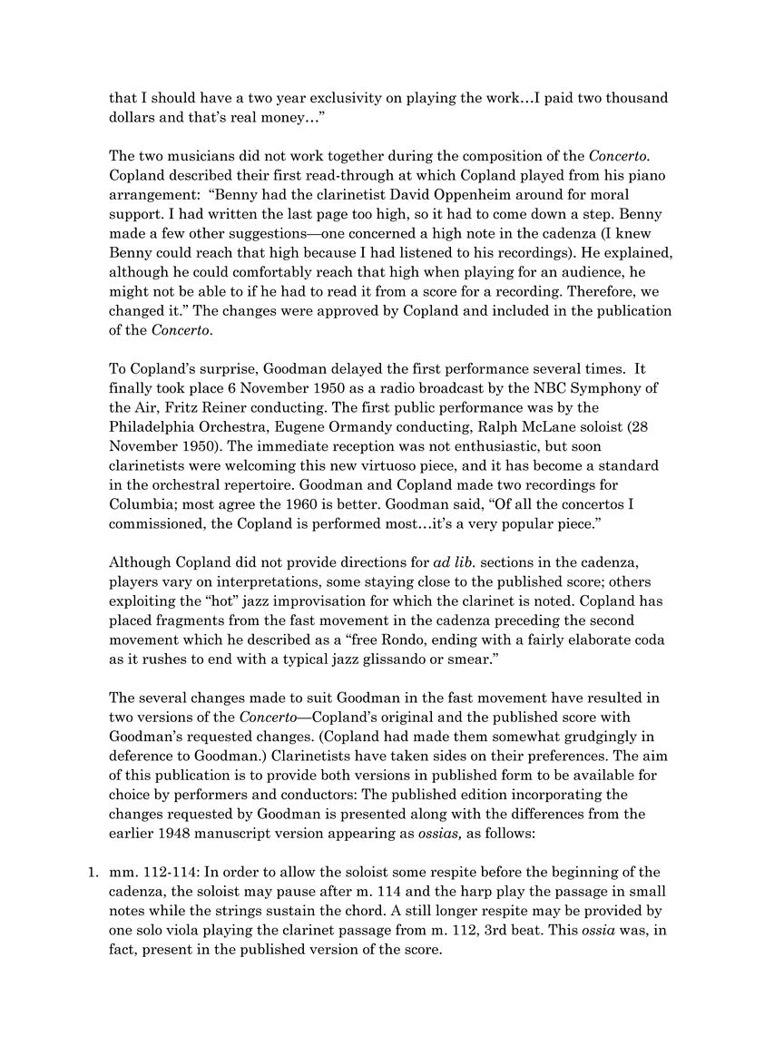 Copland: Concerto for Clarinet - Reduction for Clarinet and Piano