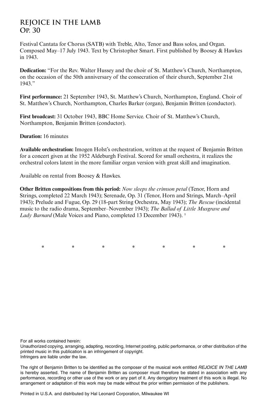 Britten: Rejoice in the Lamb, Op. 30 - Vocal Score