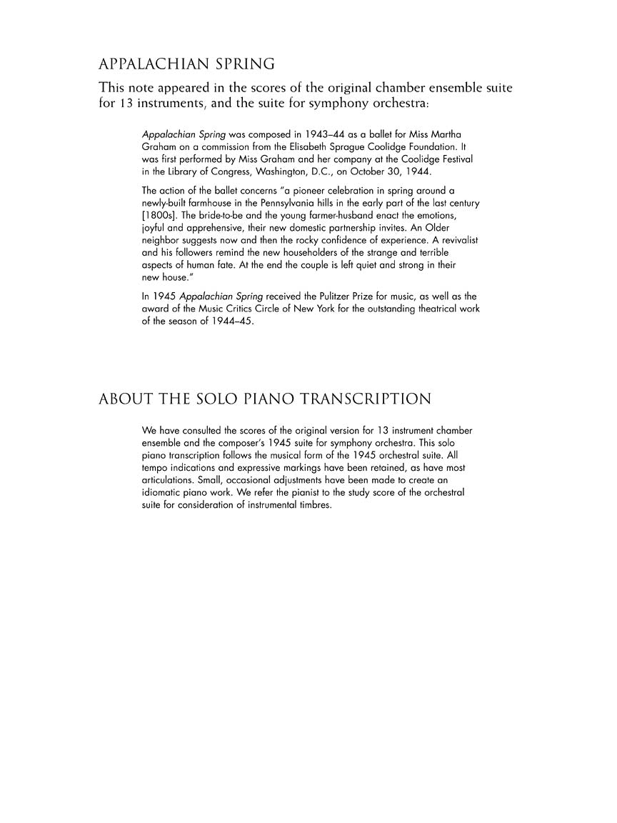 Copland: Appalachian Spring Suite - Transcribed For Solo Piano