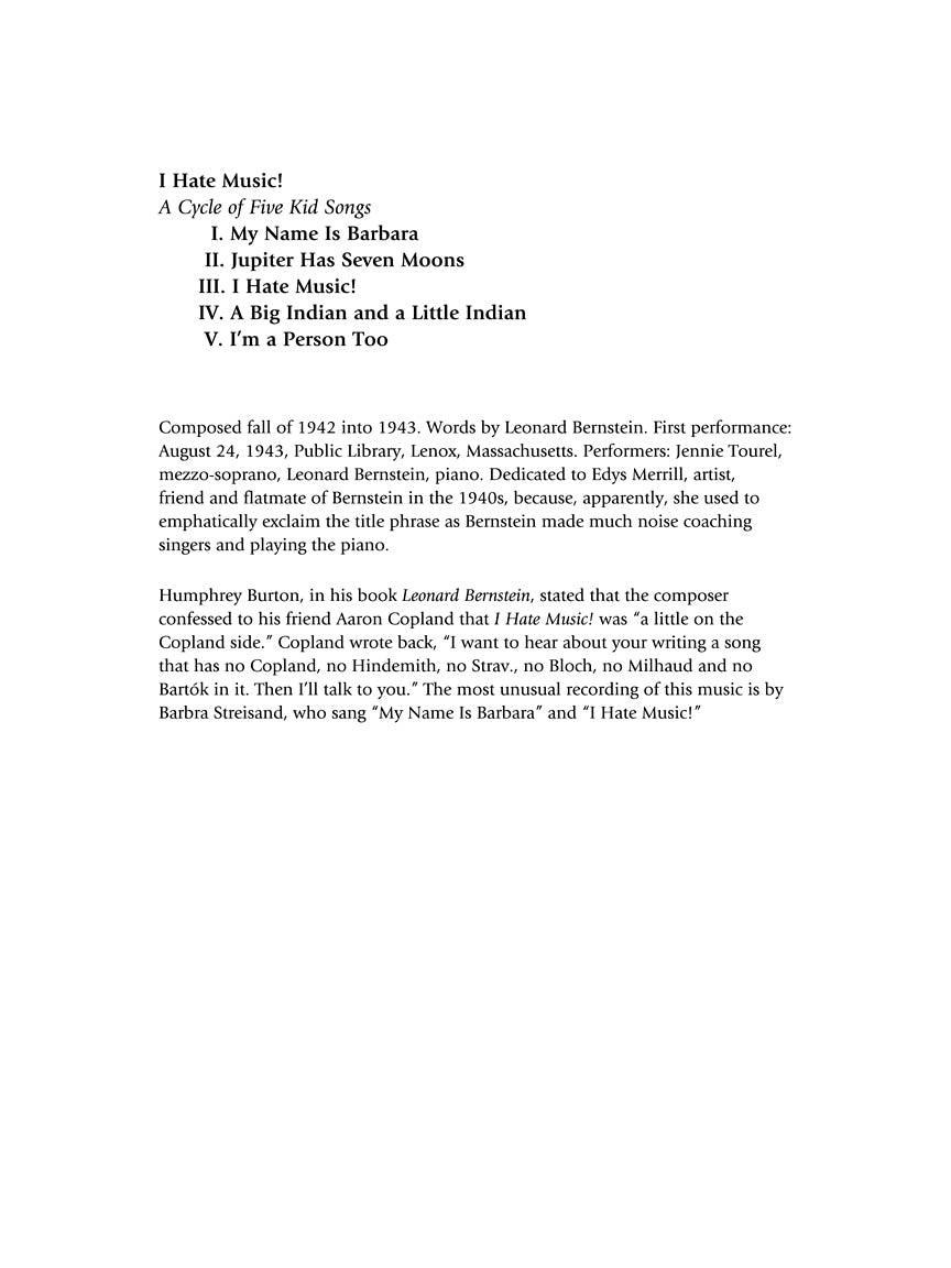 Bernstein, Leonard - I Hate Music - Medium/Low Voice and Piano