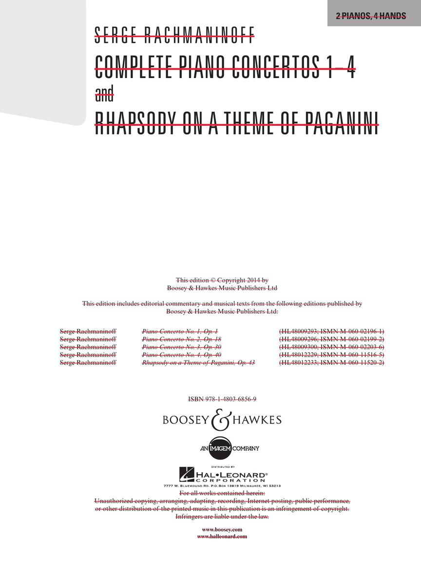 Rachmaninoff Complete Piano Concertos 1-4 2 Pianos, 4 Hands