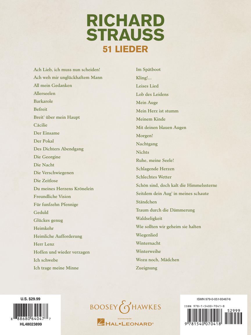 Strauss 51 Lieder Medium/Low Voice And Piano