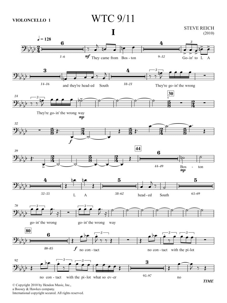 Reich WTC 9/11 for String Quartet and Pre-Recorded Audio - Set of Parts