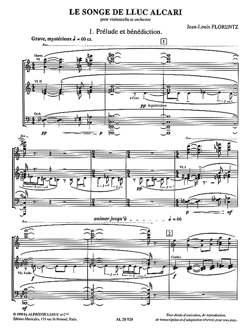 Florentz Le Songe De Lluc Alcari Op.10 (cello & Piano)