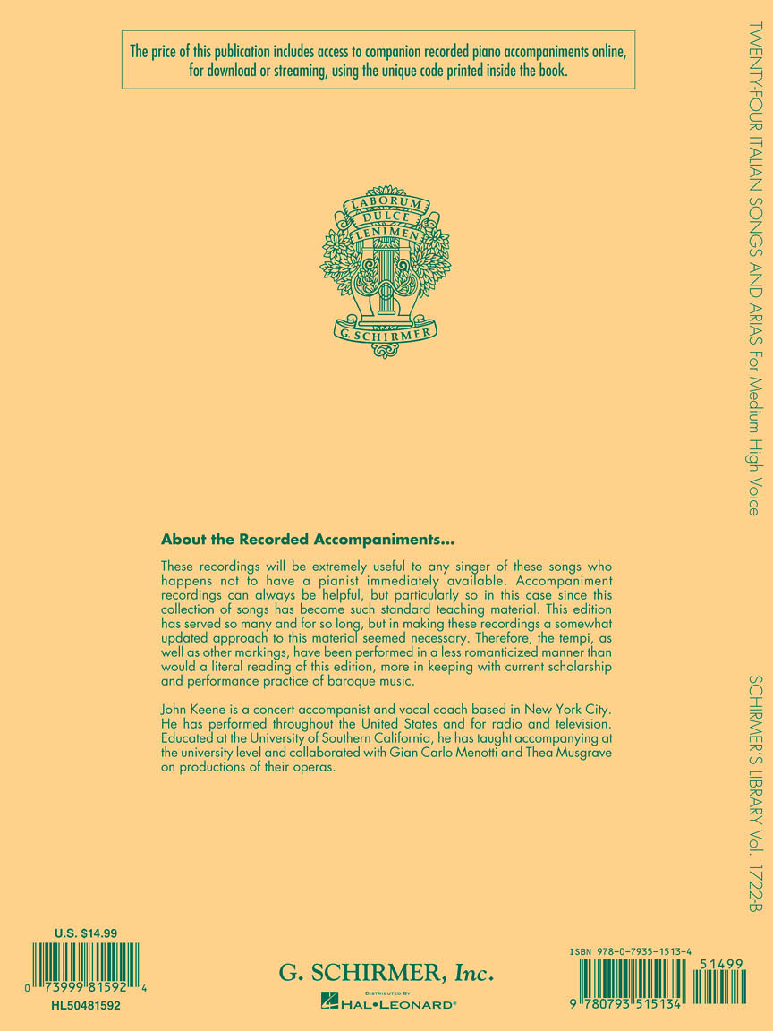 Twenty Four Italian Songs & Arias of the 17th & 18th Centuries Medium High Voice