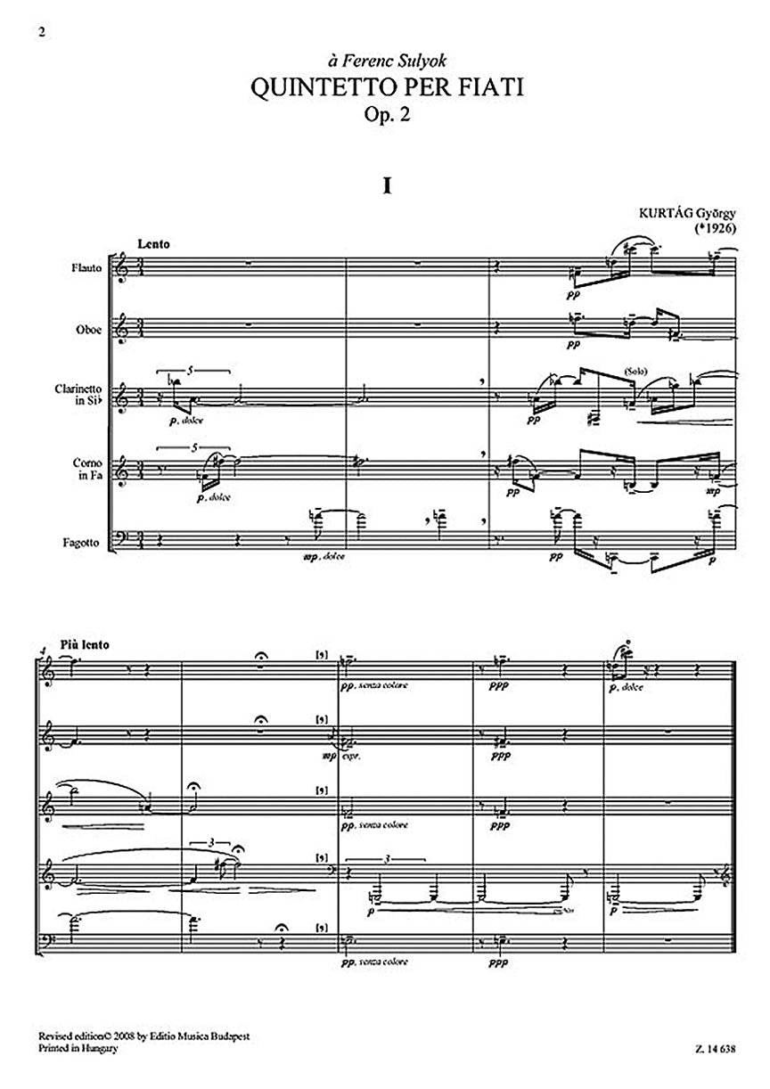 Kurtág Quintetto Per Fiati Op. 2 Performance Score Revised Edition