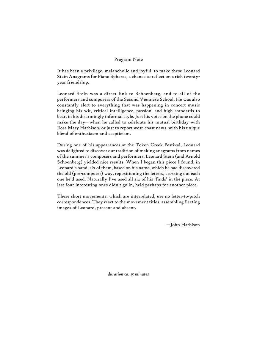 Leonard Stein Anagrams - For Piano