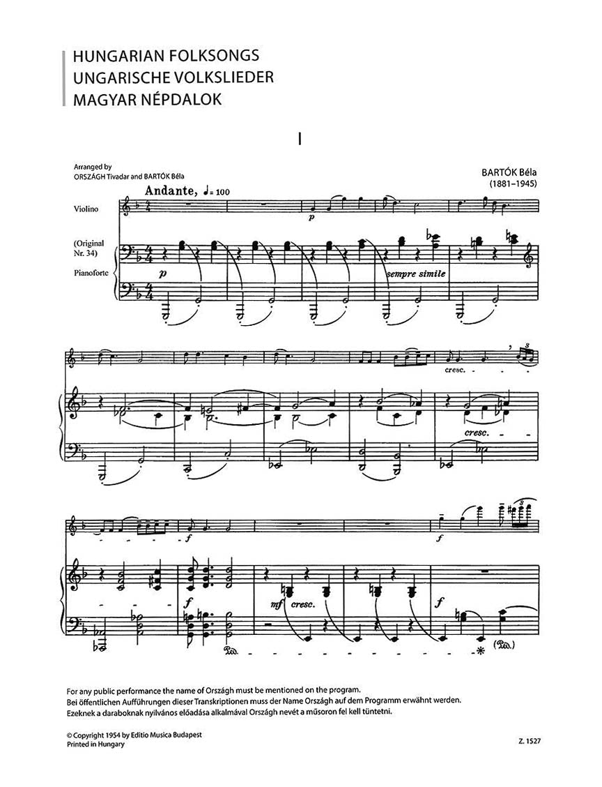 Bartok: Hungarian Folksongs