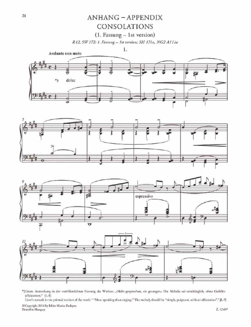Liszt Consolations (First Version and Revised Version) and Madrigal