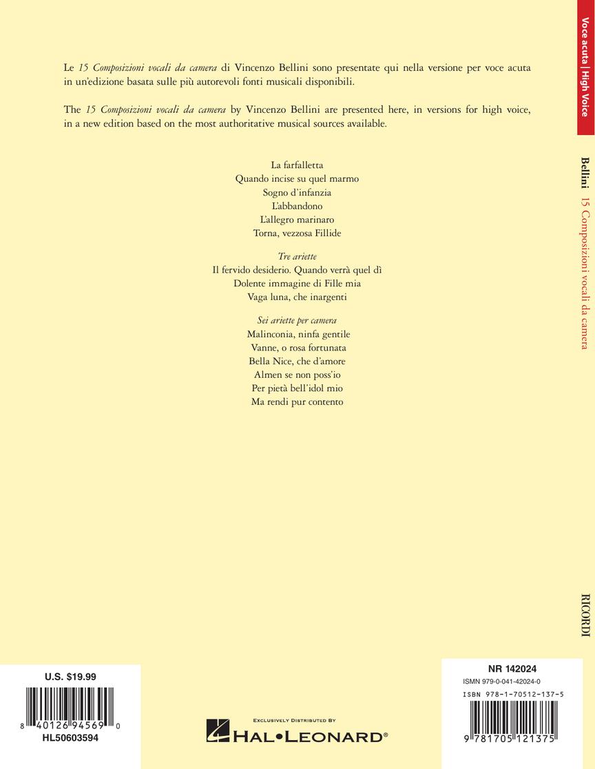 Bellini 15 Composizioni Vocali da Camera – High Voice