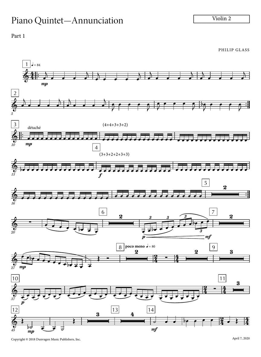 Glass Piano Quintet No. 1 “Annunciation” for Piano Quintet