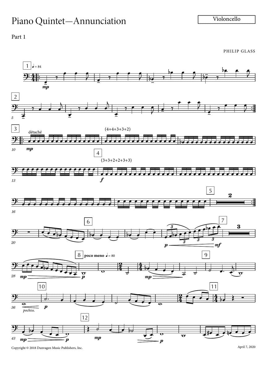 Glass Piano Quintet No. 1 “Annunciation” for Piano Quintet