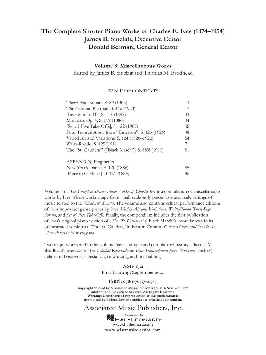 Ives Piano Pieces: Shorter Works for Piano – Volume 3
