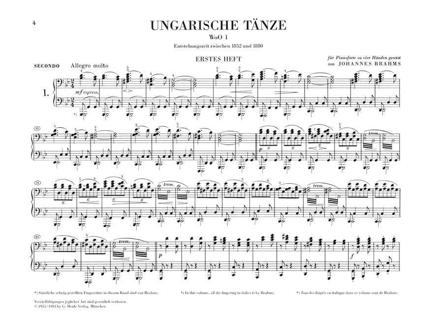 Brahms Hungarian Dances 1-21 for Piano Four Hands