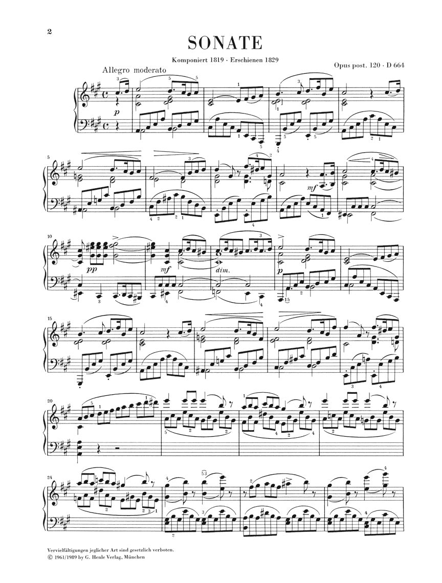 Schubert Piano Sonata in A major Opus Posthumous 120 D 664