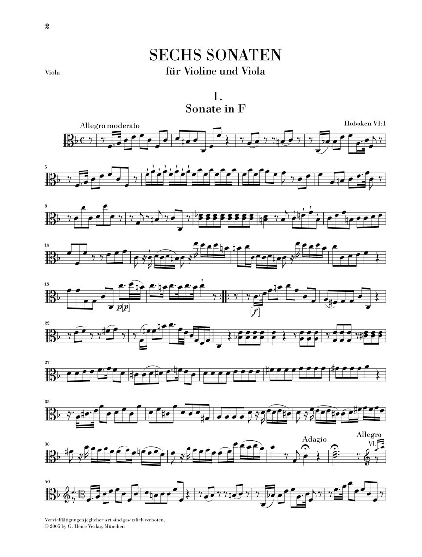 Haydn 6 Sonatas for Violin and Viola