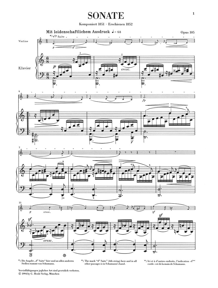 Schumann Sonata for Piano and Violin in A minor Opus 105
