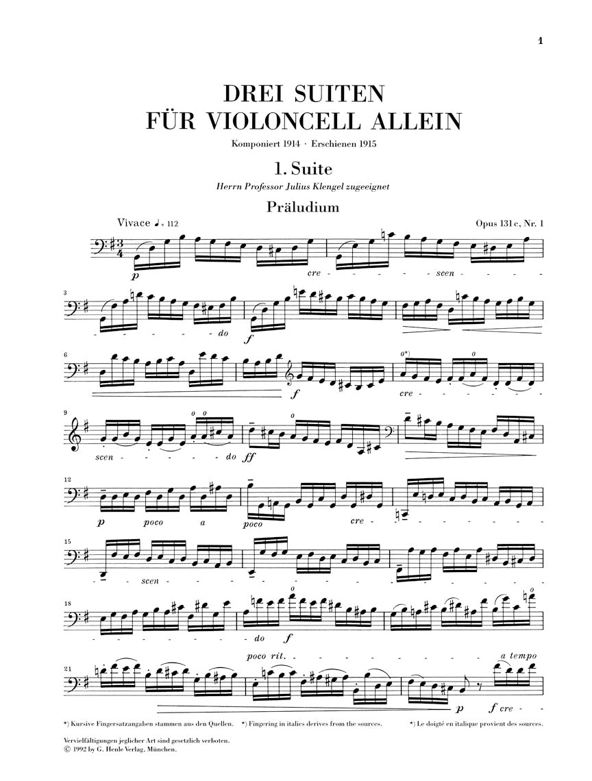 Reger 3 Suites for Violoncello Solo Op. 131c