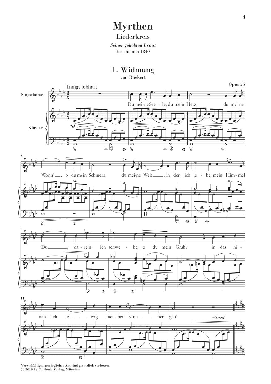 Schumann Myrthen Op. 25 Song Cycle Original Keys for High Voice