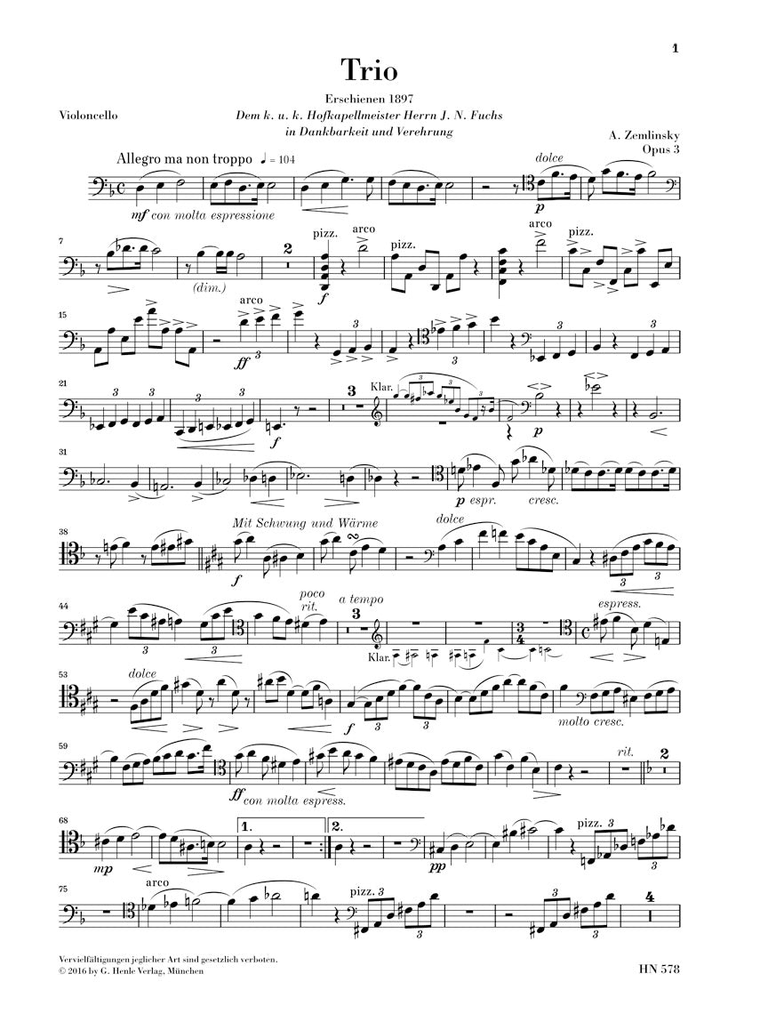Zemlinsky Trio for Piano, Clarinet (Violin) and Violoncello in d minor Opus 3