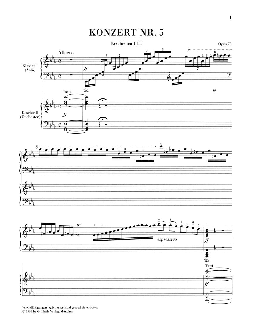 Beethoven Concerto for Piano and Orchestra No 5 in E Flat major Opus 73