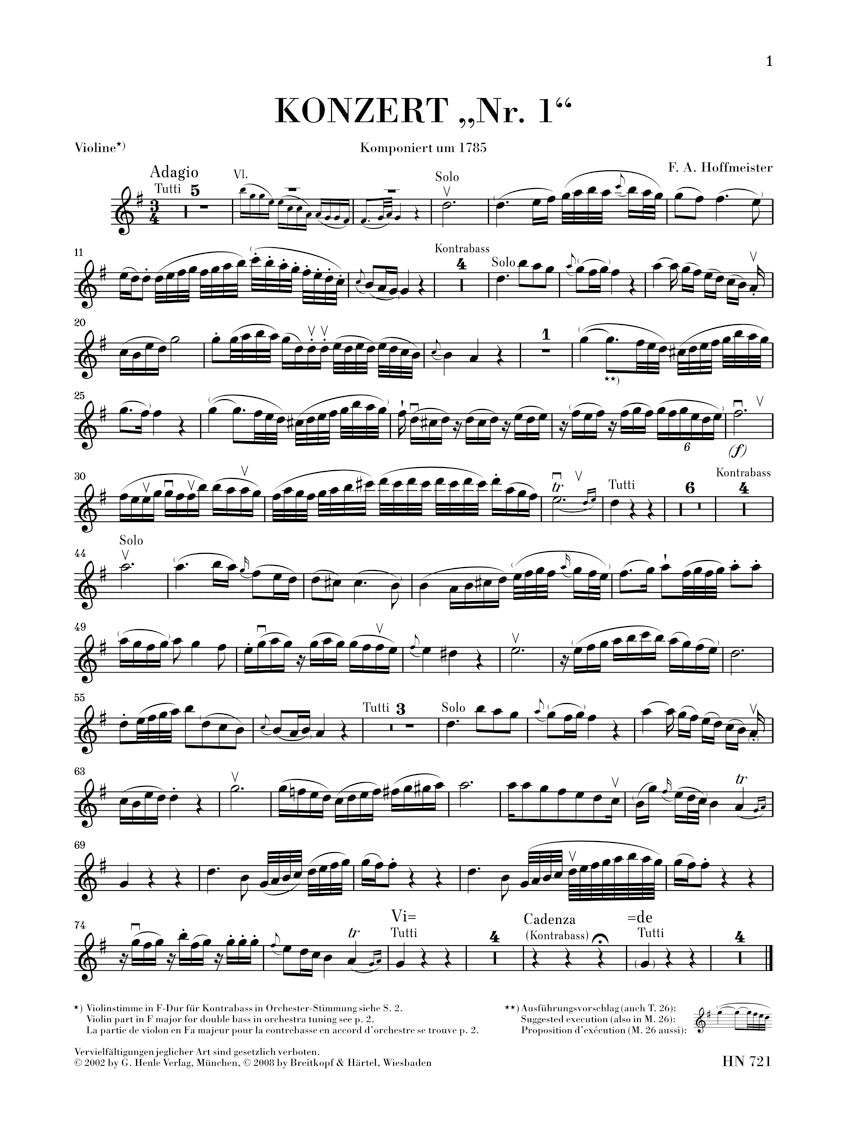 Clearance: Hoffmeister Concerto No. 1 for Double Bass and Orchestra with Violin Obblig