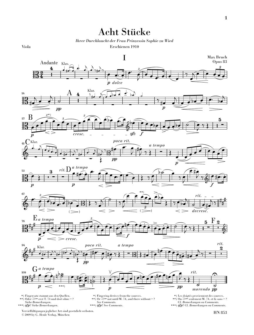 Bruch 8 Pieces for Clarinet (or Violin), Viola (or Cello) and Piano Opus 83