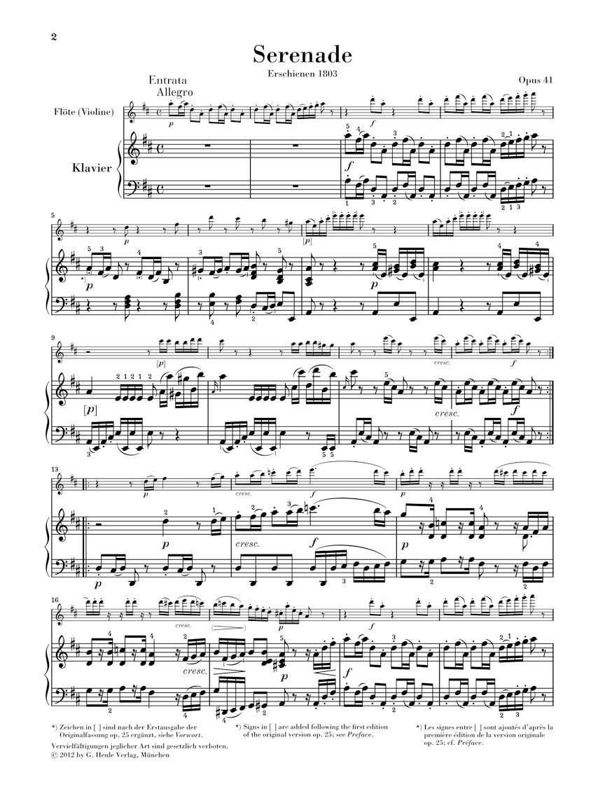 Beethoven Serenade Opus 41 for Piano and Flute (or Violin)