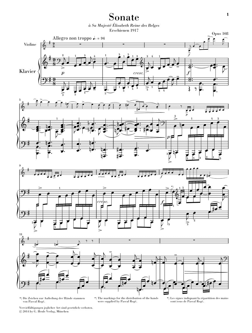 Faure Violin Sonata No. 2 in E minor, Op. 108 - Violin and Piano with Marked and Unmarked String Parts