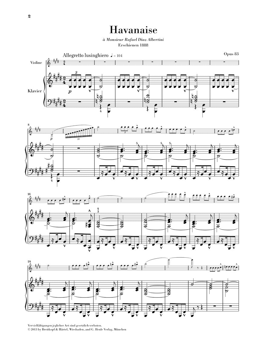 Saint-Saens Havanaise Op. 83 Violin And Piano With Marked And Unmarked String Parts